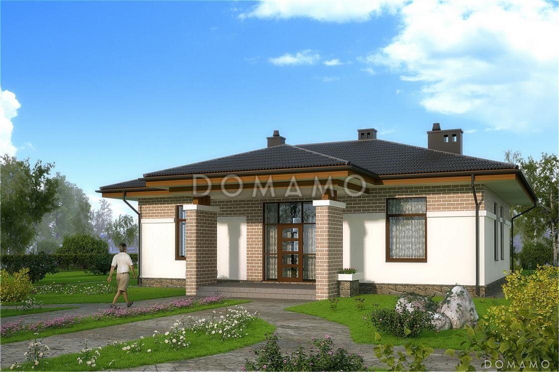 Одноэтажный дом с террасой и большим крыльцом – проект D238 на сайте domamo.ru