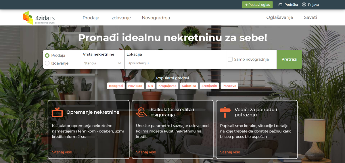 4zida.rs. У сайта приятный дизайн и хороший функционал. Выбираете тип недвижимости, локацию - и вперёд.