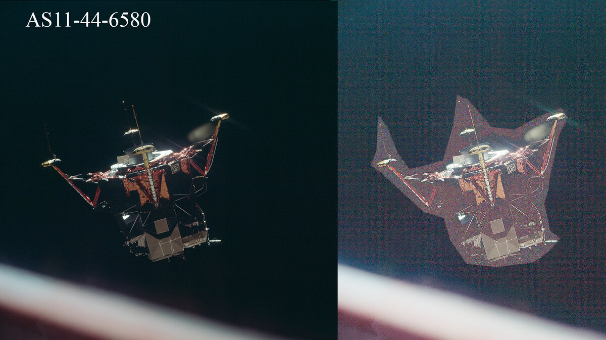 Отстыковка лунного модуля, вид из иллюминатора - комбинированный кадр.