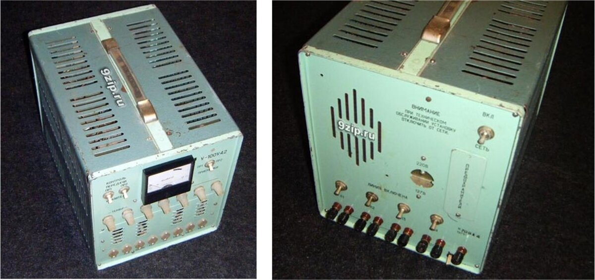 Усилитель У-100У-4.2  Источник изображения:  http://9zip.ru Виртуальный музей старых радиодеталей XX века. Отсутствует провод питания, ввод закрыт заглушкой (рис. справа)