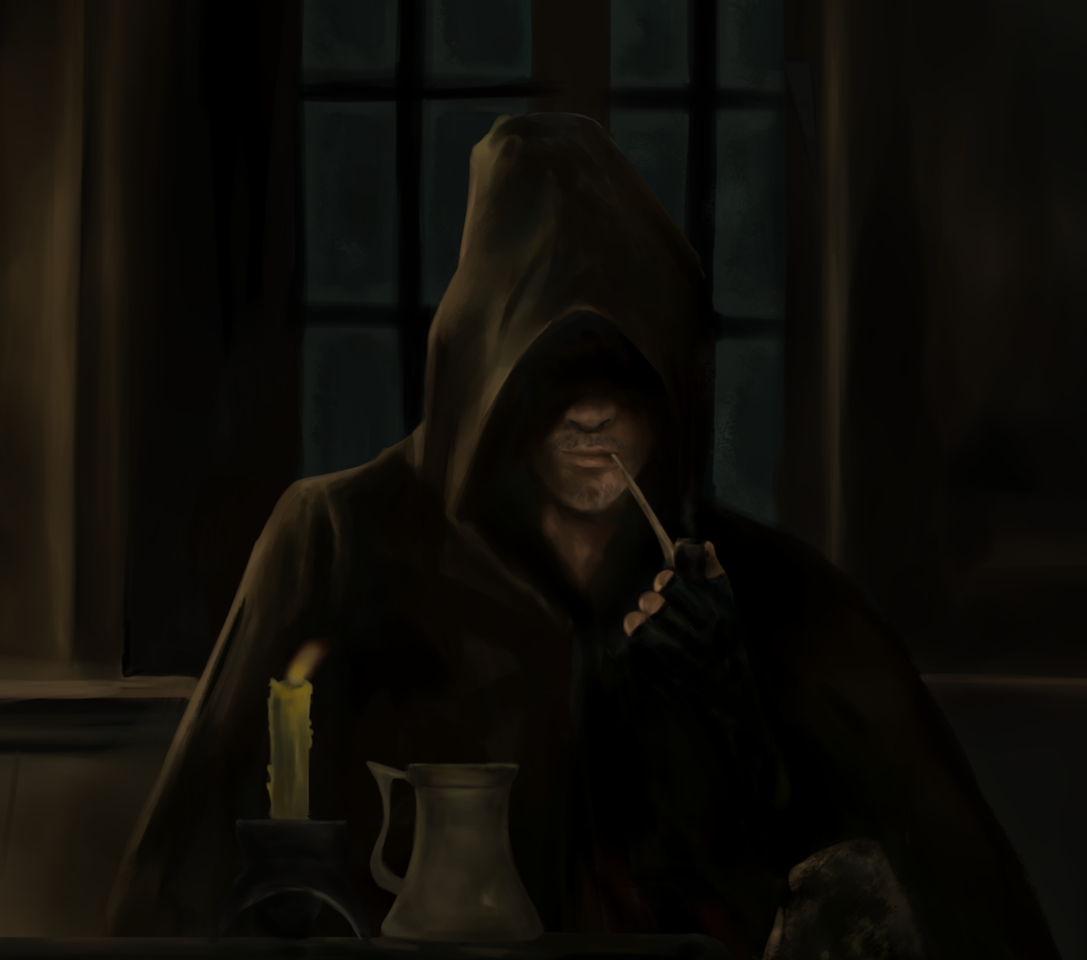 "...Но старик не мог понять реакции своего слушателя. Тот сидел в углу и свет свечи обходил этот угол стороной. Казалось, что свет вообще не очень то хочет встречаться с этим господином... " цитата из рассказа №2 "Сделка с дьяволом".