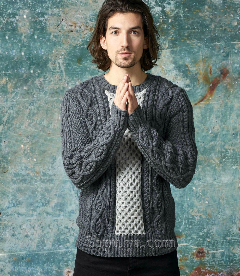 Двухцветный мужской пуловер с рельефными узорами