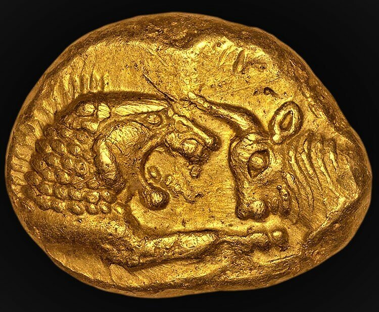 Первая известная монета. Золотой статер Лидии, 564-539 г до н.э.. Крёз царь Лидии. Лидийский царь Крез. Золотой статер Лидии.