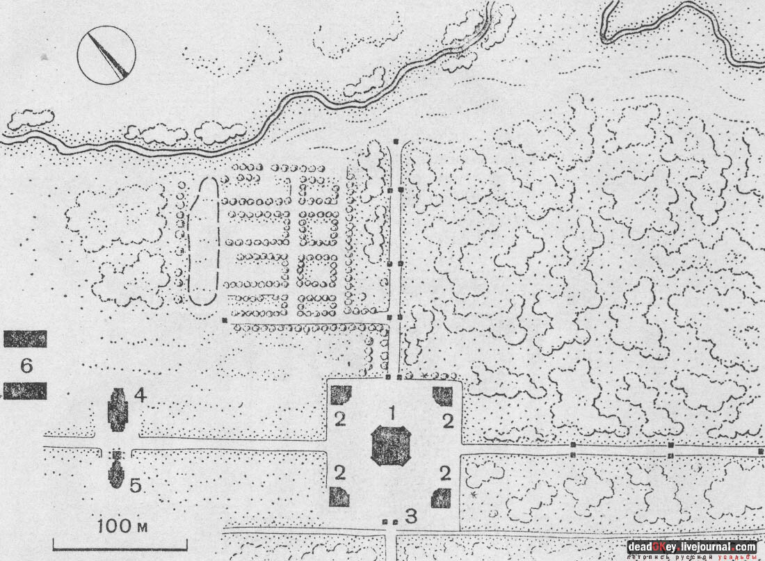 На плане цифрами обозначены: 1 - главное здание, 2 - флигели, 3 - ворота, 4 - храм, 5 - колокольня, 6 - конюшни