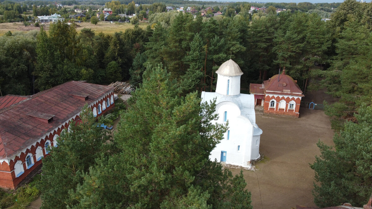 Выглядывающий из-за сосны Храм Рождества Богородицы