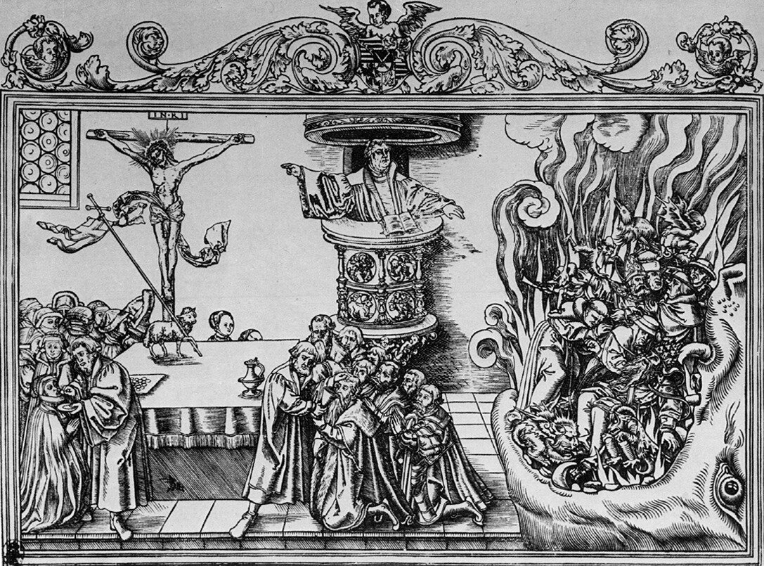 Картина на дереве эпохи борьбы между "праведной" и "неправедной" церковью. XVI век.