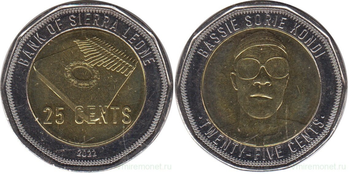25 центов Сьерра-Леоне, 2022. Биметаллическая (сталь, латунь), вес 5.5 г, диаметр 24 мм, гурт гладкий, форма десятиугольник Рёло
