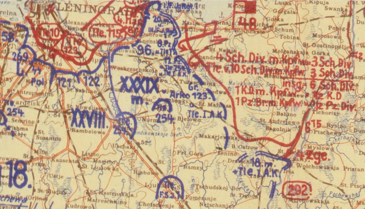 Фрагмент карты ОКХ на 28 сентября 1941 года. 1-й и 3-й полки 7-й авиационной дивизии значатся уже как принявшие участки обороны по левому берегу реки Невы, часть подразделений дивизии четко видны в районе Любани.