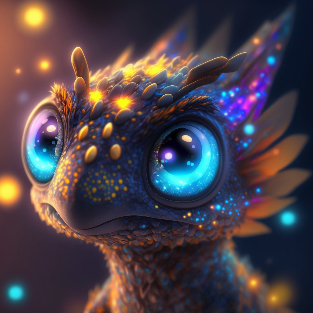 baby dragon, 8k, beautiful, realistic, extremly detailed, happy, file extremly detailed eyes, shimmering diamond scales, little wings, looking at you, randomly generated neon and jewelery background scene in the middle of the universe