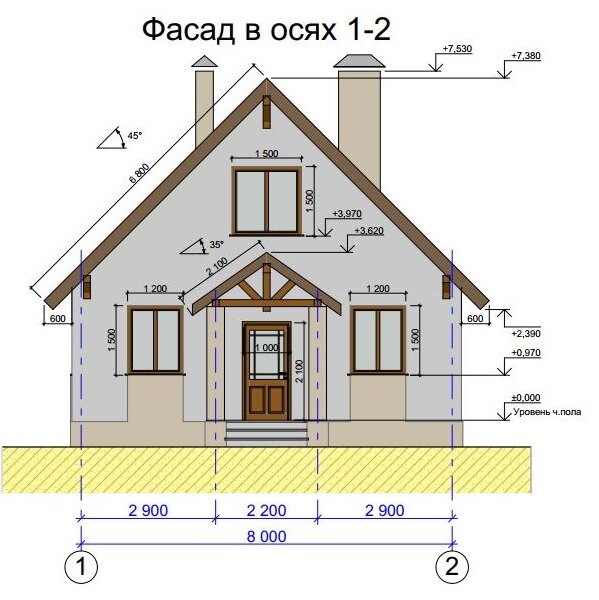 Фасад дома с размерами (оси 1-2)