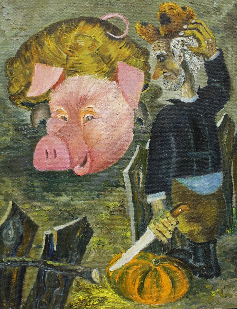 Виктор Ремезов Черепашкабанчик, или Как Митрич стал вегетарианцем, 2012г, ДВП-масло, 50х65