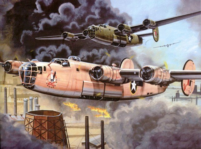 B-24D «Hail Columbia» полковника Кэна во главе 98-й BG бомбит завод «Phoenix Orion»