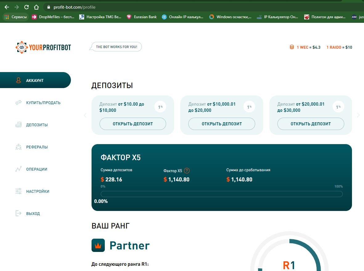 Кабинет в профит боте