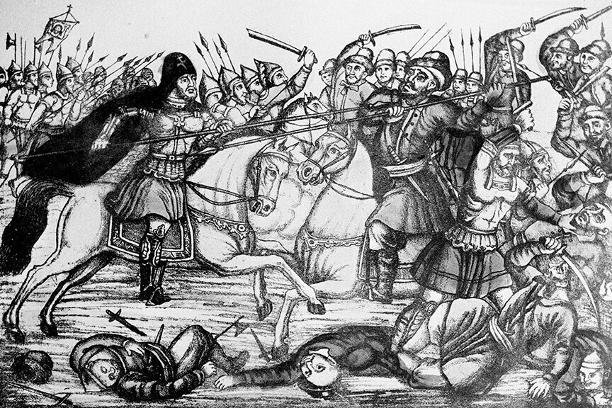 Средневековый рисунок с изображением фрагмента Куликовской битвы (тартары справа - вглядитесь в лица воинов темника Мамая)