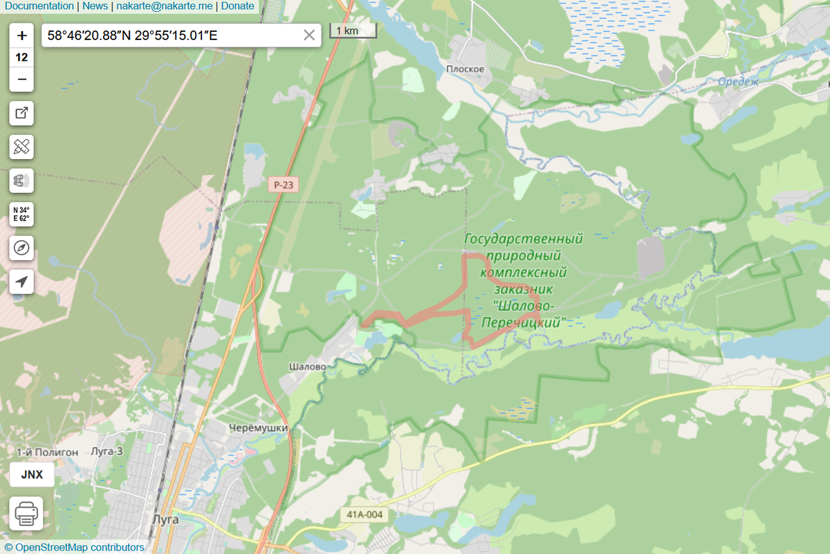 Красным обозначен экологический маршрут © Участники OpenStreetMap >>