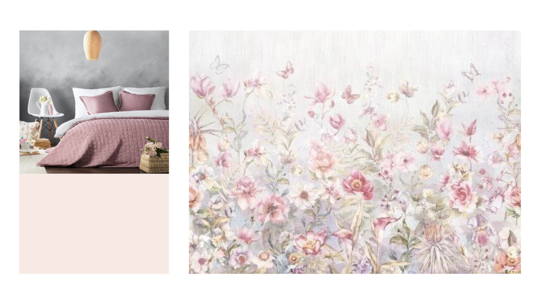 Фреска для стены за кроватью, фоновые светлые обои и покрывало в цвет рисунка