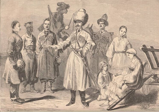 Гравюра 1857 г. "Кавказские типы", выполненная Уильямом Фредериком Мисомом 
1. Терский казак
2. Калмык Мамуш-Нигруб
3. Лабинский казак
4. Черкес
5. Войсковой старшина (майор) Лабинского казачьего полка
6. Офицер Кавказского линейного казачьего полка
7. Кубанские казачки