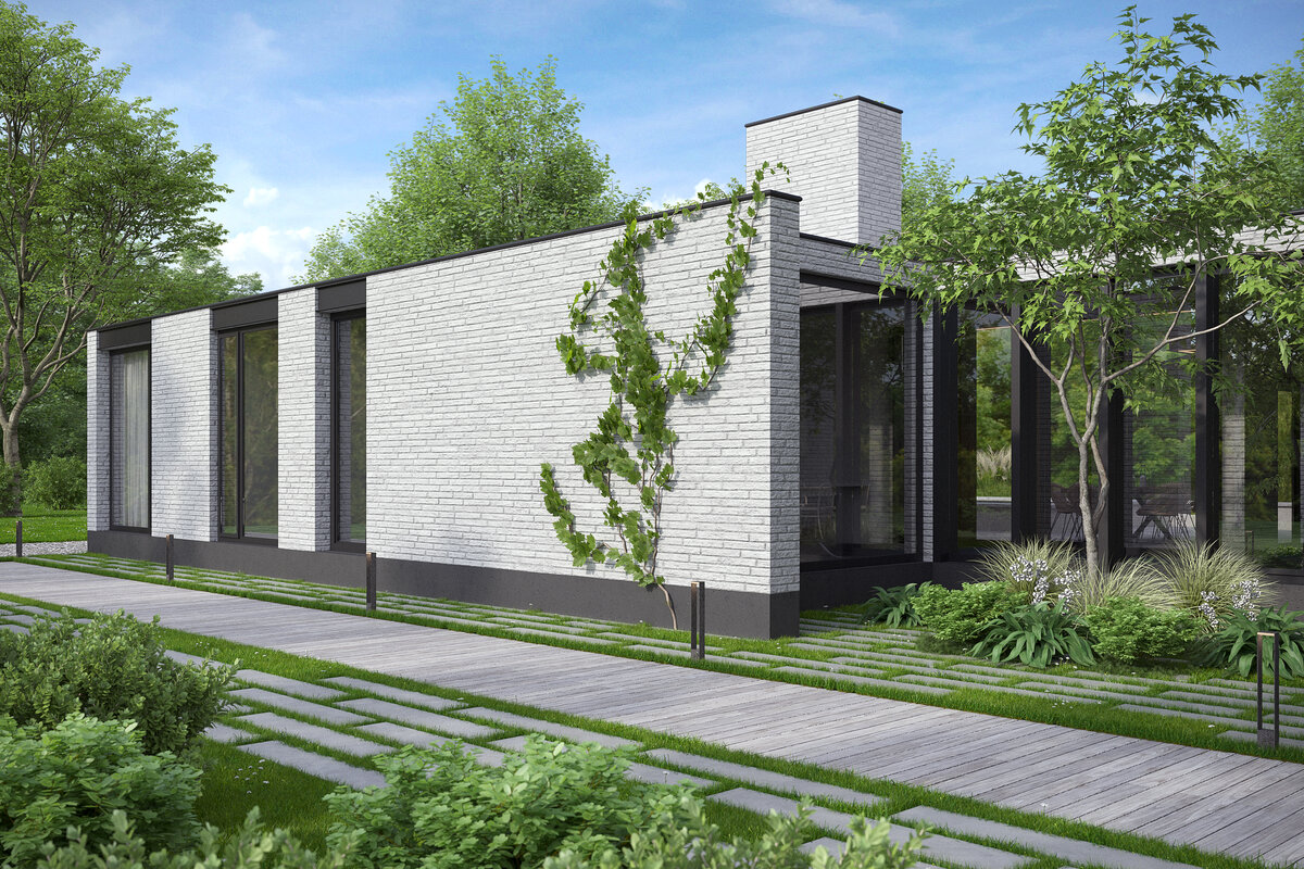 Две части дома связывает стеклянная галерея.