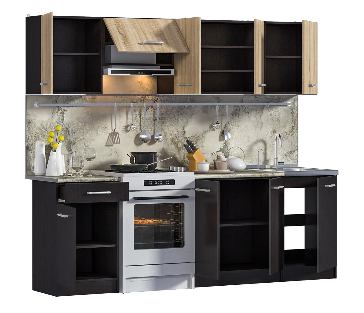 Несмотря на компактный размер, в гарнитуре поместится все — и посуда, и продукты, и даже встроенные фильтры для воды