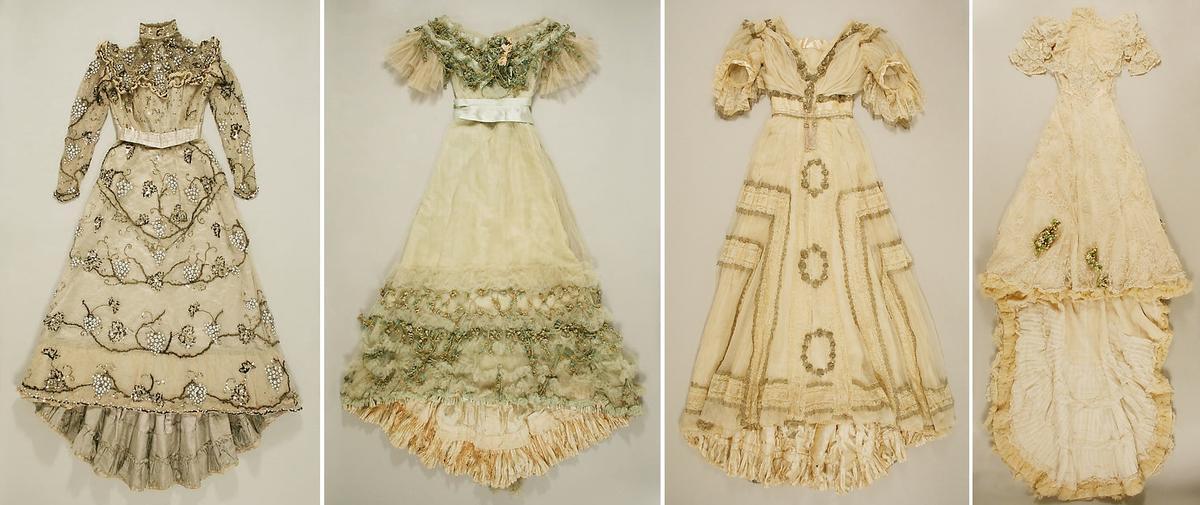 Платья от Жака Дусе, вечернее платье, 1897-1900; вечернее платье, ок. 1904; вечернее платье ок. 1905-07; свадебный ансамбль, 1907. (с) Метрополитен-музей