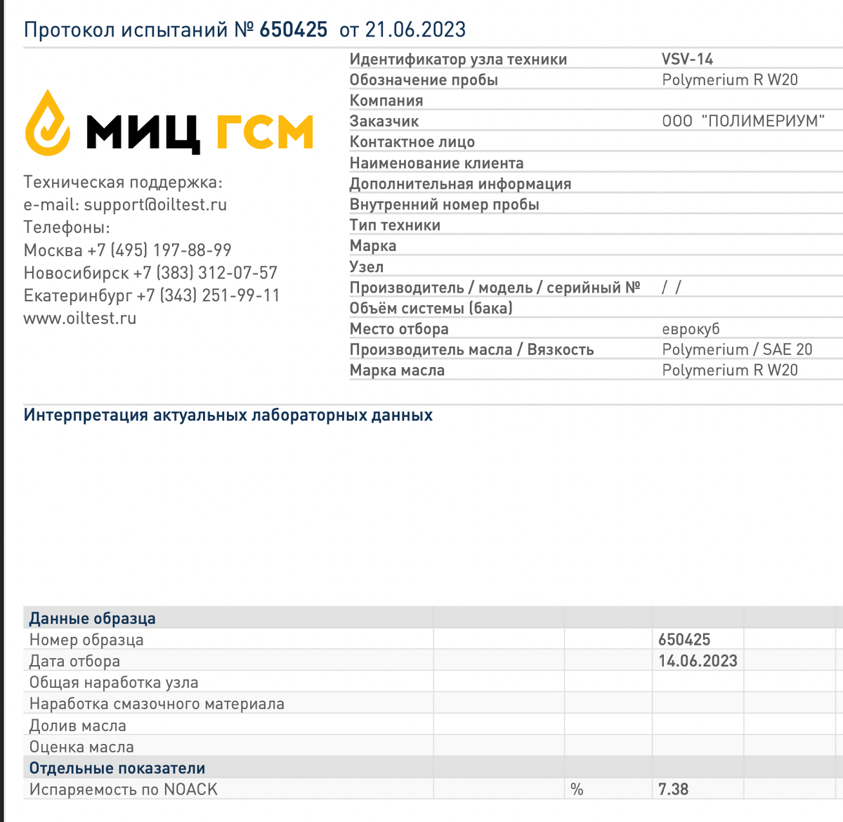 Масло полимериум анализ