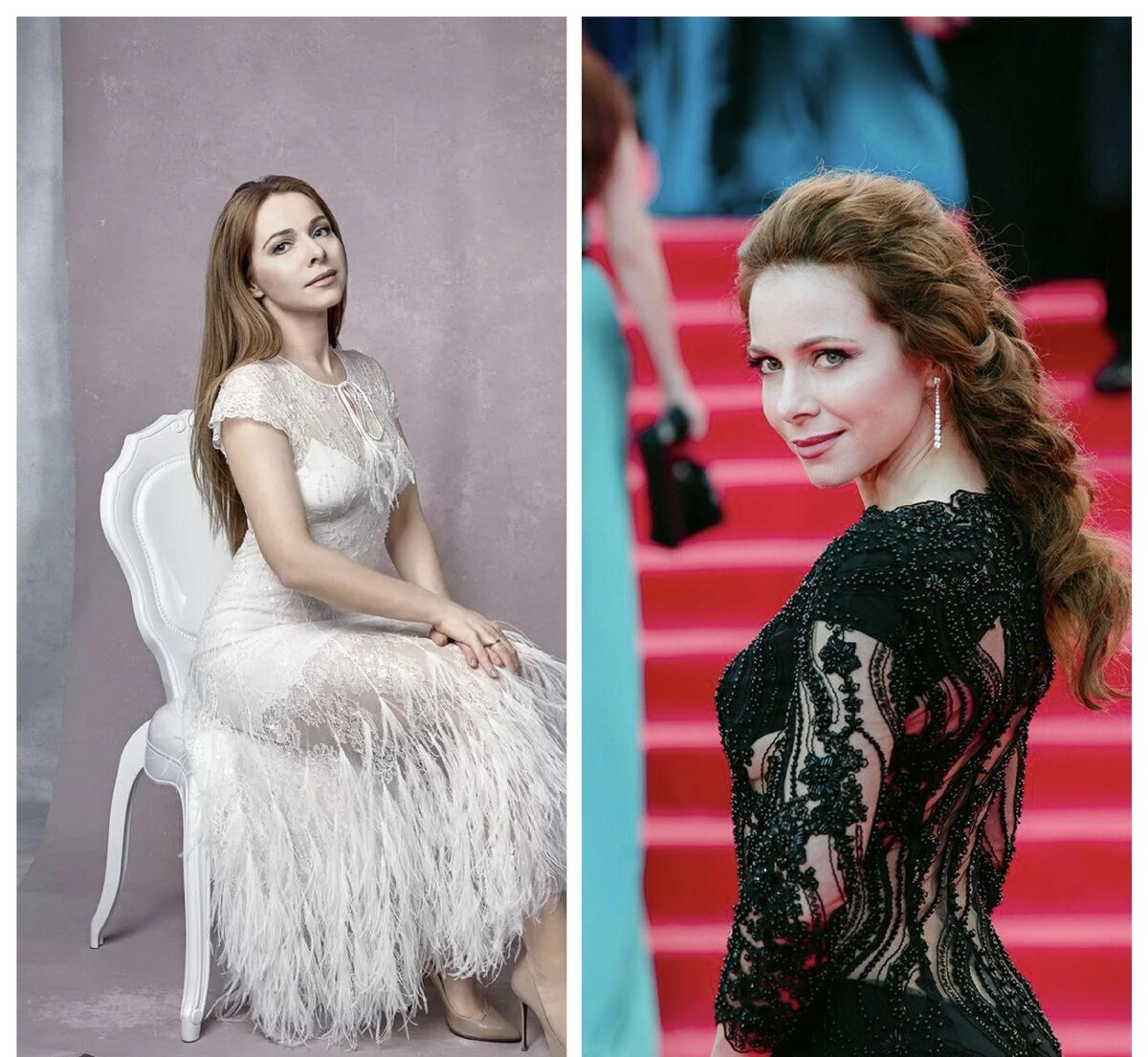 Коллаж сделан автором канала. Екатерина Гусева в кружевном платье