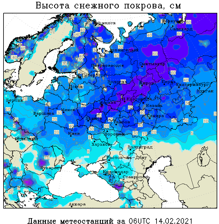 
Снежный покров в см  на утро 14.02.2021
Источник – Meteoweb.ru