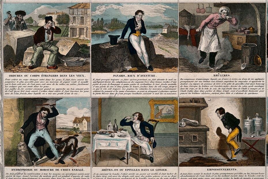 Иллюстрации: Первая помощь в различных ситуациях (F. Laguillermie and Rainaud. Twenty Four Maladies and Their Remedies. Coloured line block. Франция. 1880 год) 