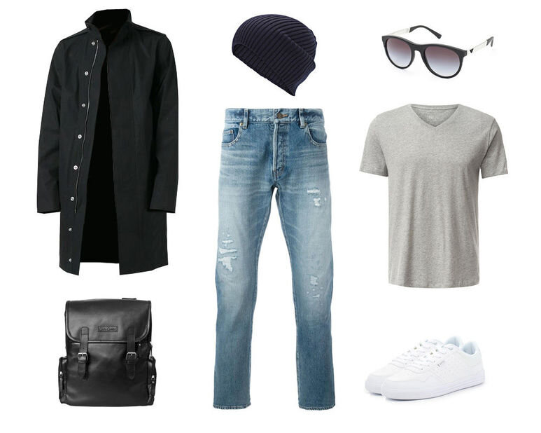 Джинсы Saint Laurent, футболка Gap, кеды Jack & Jones, пальто Rick Owens, рюкзак Carlo Gattini, очки Emporio Armani, шапка Lacoste