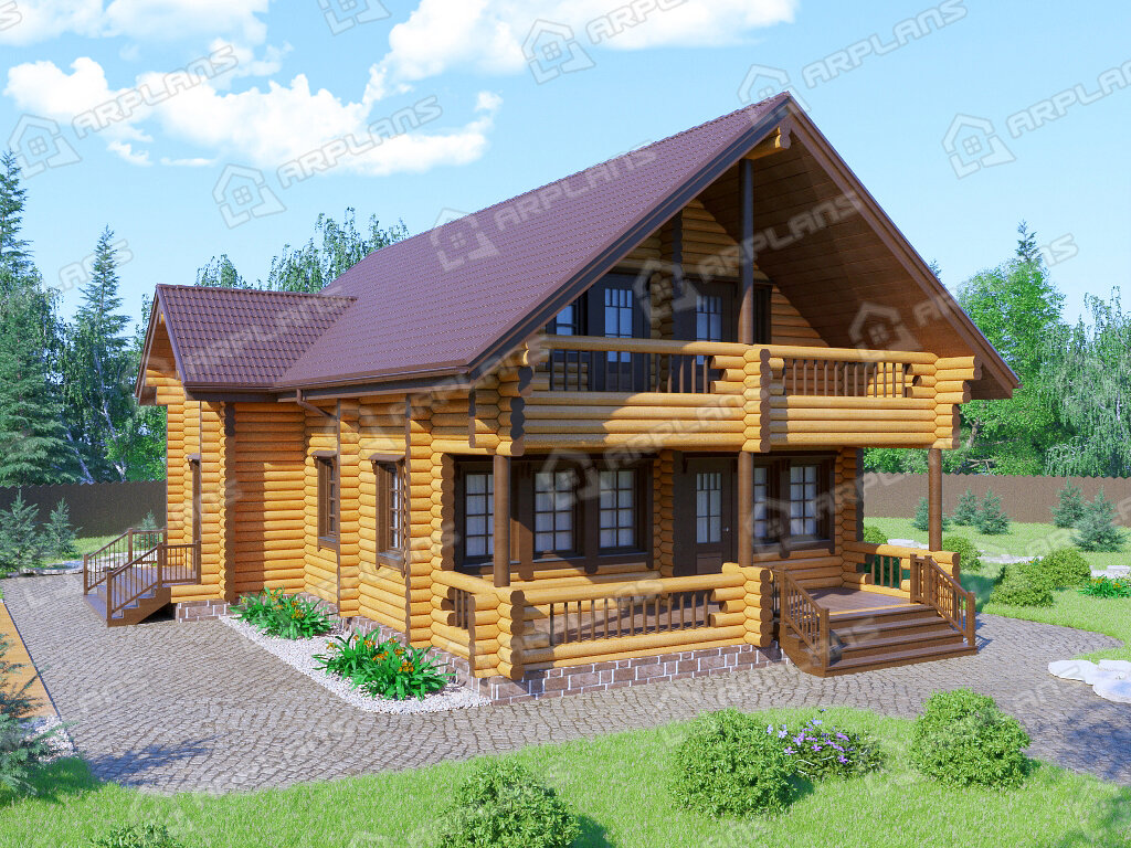 Фото 1 деревянного дома из бревна с мансардой, 4 спальнями, балконом, газовой котельной и террасой, 170 кв м. Источник arplans.ru Проект ДО-091