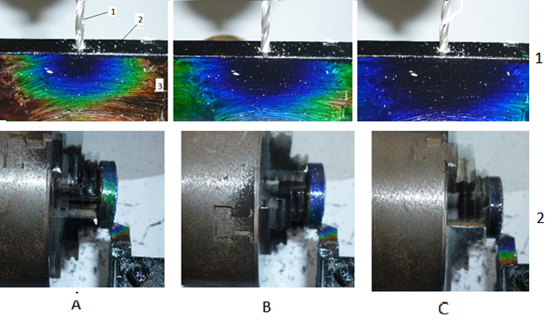 Рис.3. Температурное поле в системе инструмент - заготовка.1 А,В,С –динамика теплового поля при сверлении- кадры на 5с,10с,15с.1А: 1- спиральное сверло. 2.- деталь. 3.Плёнка жидкого кристалла.2 А, В,С-динамика теплового поля при точении - кадры на 5с, 10с, 15с.