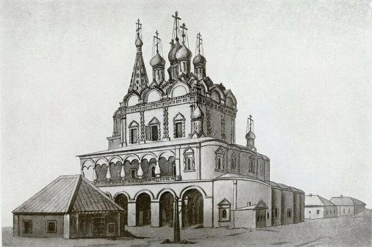 Храм св. Николая Чудотворца в Столпах и старое здание мавзолея (на переднем плане). Иллюстрация из дореволюционного журнала "Светильник"