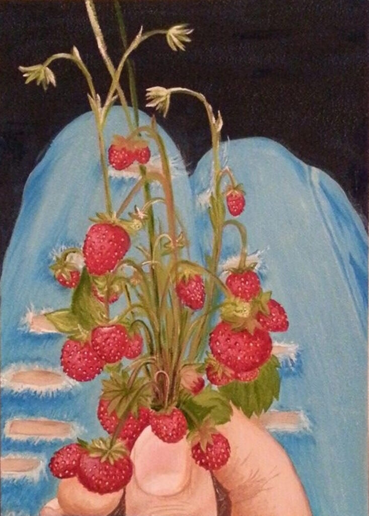 Картина под кодовым названием «Колени, рука, земляника» 2014, грунтованный картон, масло