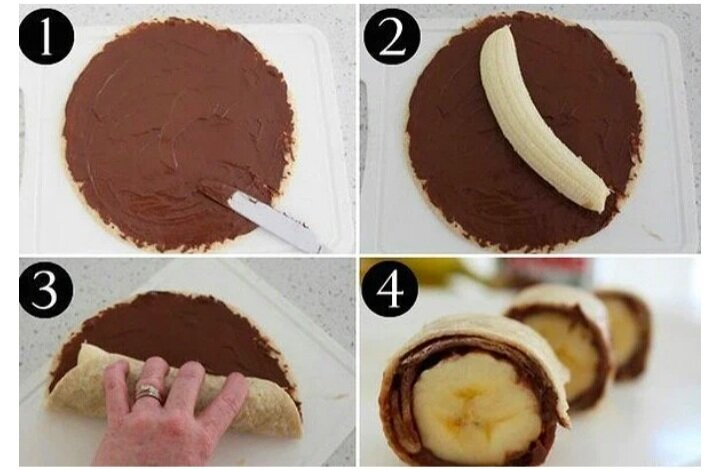 Вам понадобится:блины,шоколадная паста,банан.