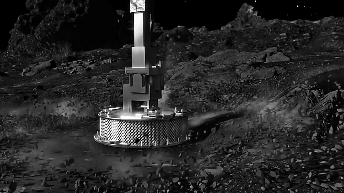 Роботизированная рука космического корабля OSIRIS-Rex собирает образцы грунта на поверхности астероида