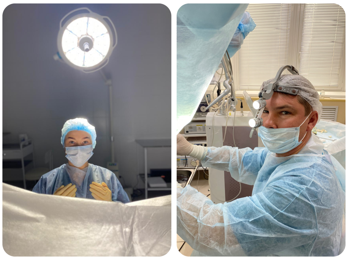 Слева Анастасия Александровна Репина за работой. Справа врач колопроктолог клиники "ДАВИНЧИ" Роман Владимирович Данильченко проводит операцию по поводу удаления геморроя. 