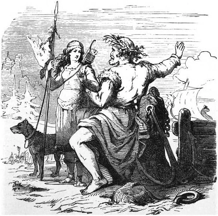 Artist's depiction of the Norse goddess Skadi and her husband, the god Njord, on their way to Njord's home of Nóatún. Although Skadi enjoys the mountains where she hunts and skis and Njord likes his dark, damp cave by the water, they try a compromise of living in each other’s residence for nine days at a time. However, Skadi cannot endure it and eventually leaves him for her mountain home. Made by Friedrich Wilhelm Heine (1845-1921) after an original by Friedrich Wilhelm Engelhard (1813-1902).