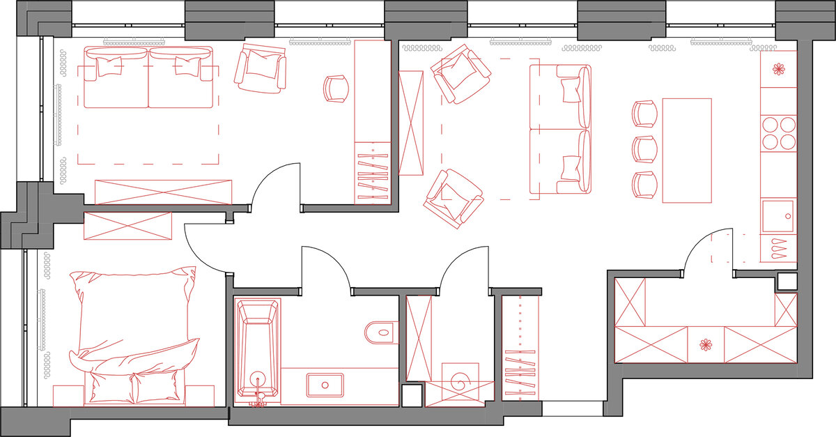 ЖК Дискавери планировка евротрешки 70 кв.м. Вариант от студии ONE LINE