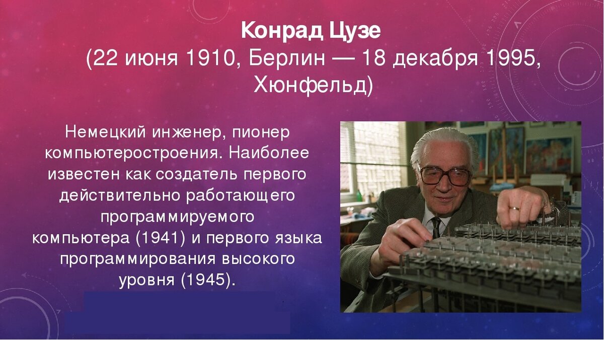 Вклад информатики. Конрад Цузе (22 июня 1910, Берлин — 18 декабря 1995, Хюнфельд). Конрад Цузе «1910-1995 гг.». 22 Июня 1910 Конрад Цузе. Конрад Цузе первый компьютер.