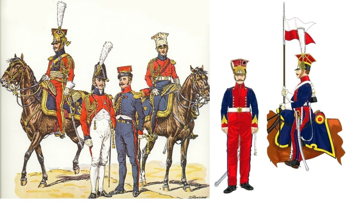 Уланы 2-го шеволежерного полка гвардии (голландцы) в парадной форме, форме для бала, повседневной и походной форме. Справа: капрал и рядовой эскадронов Молодой гвардии