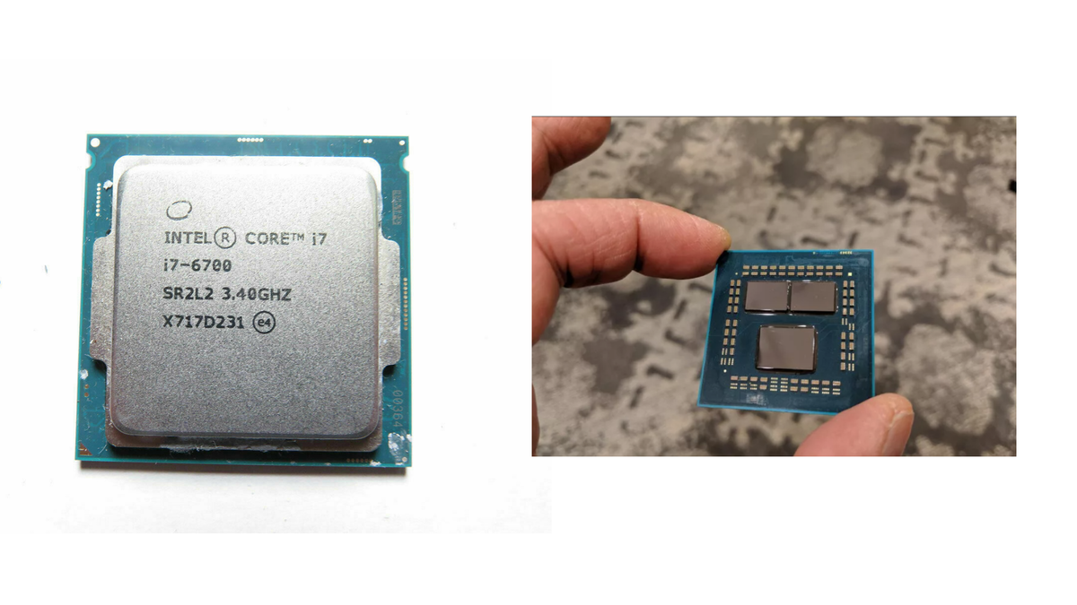 Слева процессор, справа процессор со снятой теплораспределительной крышкой