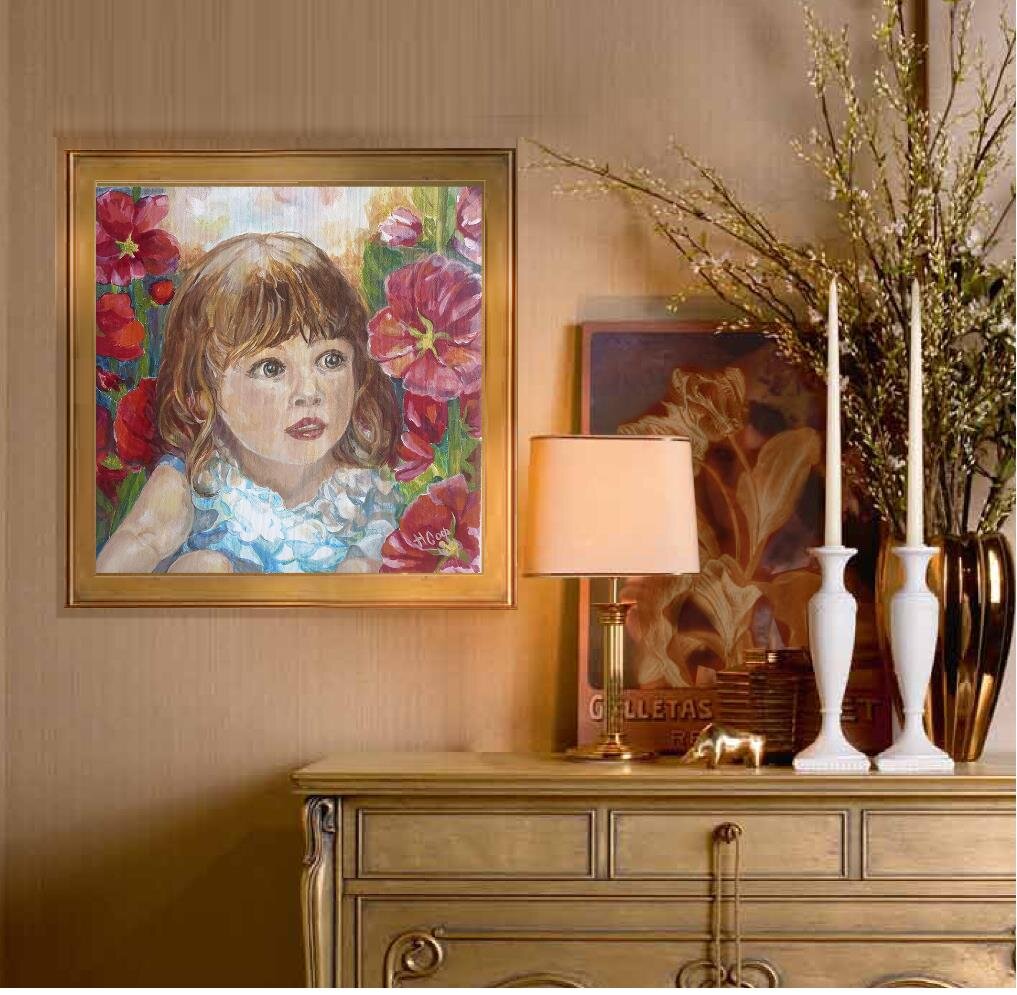 "Прятки. Мальва" в интерьере. 30х30, холст, акрил, масло.