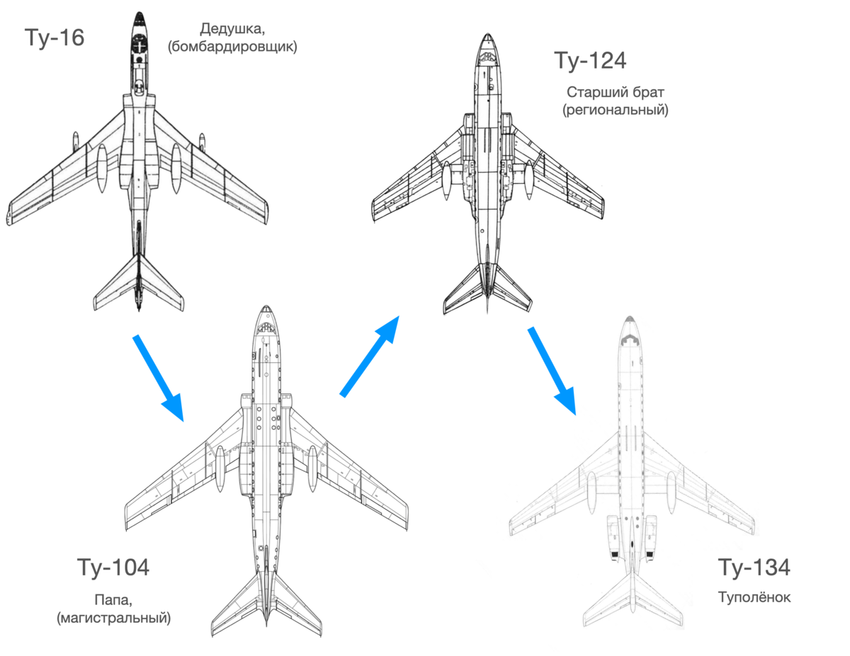 От военного дедушки Ту-134 получил большие быстрые крылья, с (вообщем-то ненужными) гондолами для шасси.