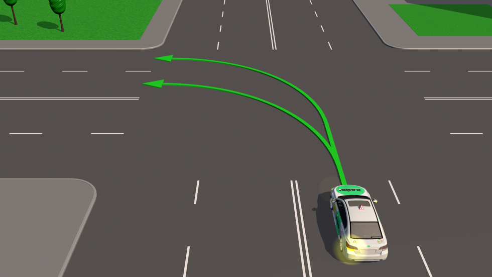 Включи левый поворот. Поворот налево осуществляется. Попутная полоса. Из какой полосы разрешено въехать на данный перекресток кругового.