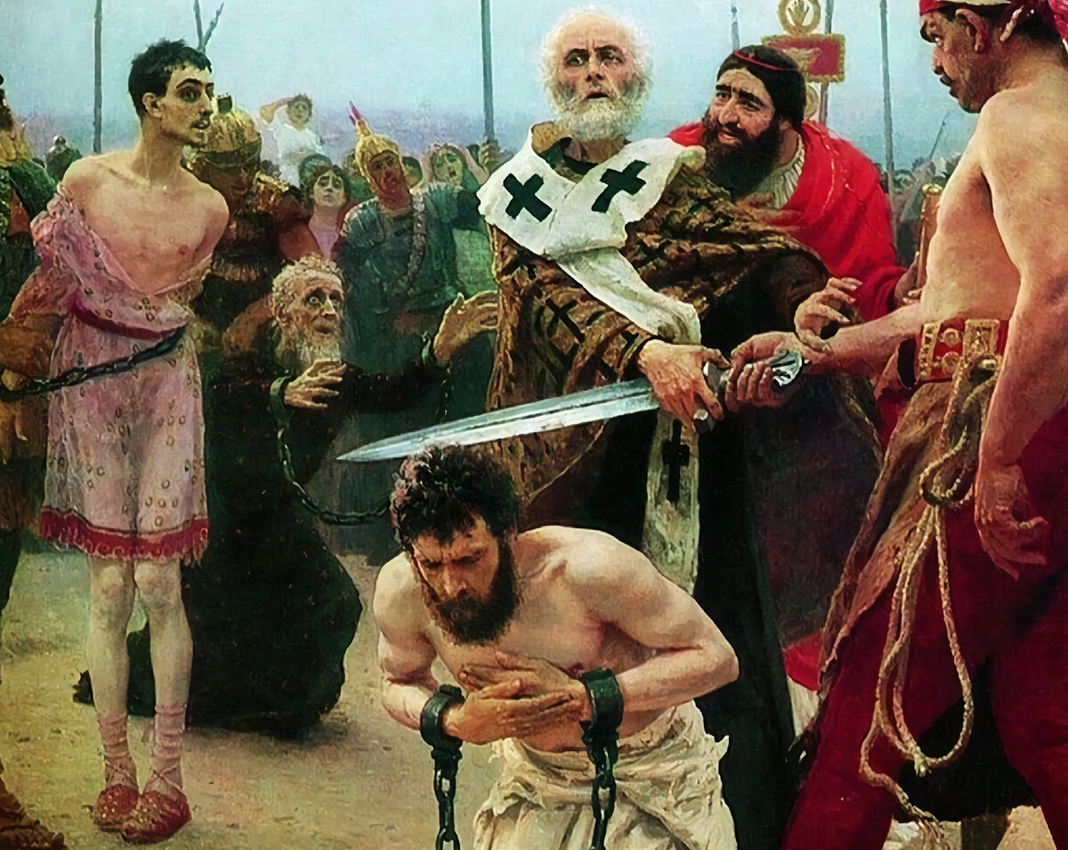 Илья Репин «Николай Мирликийский избавляет от смерти трёх невинно осуждённых»,  фрагмент