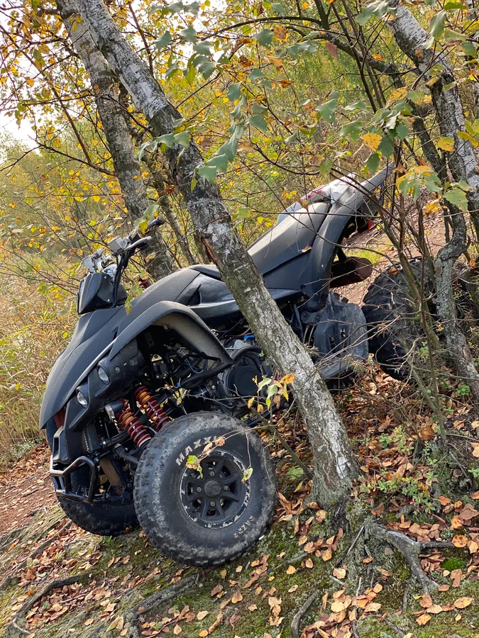 Не теряется тайваньский боец в русском лесу! Сдвоенные амортизаторы намекают на высокие прыжки. Источник фото - https://auto.ru/atv/used/sale/tgb/target/3518262-c14862d6/