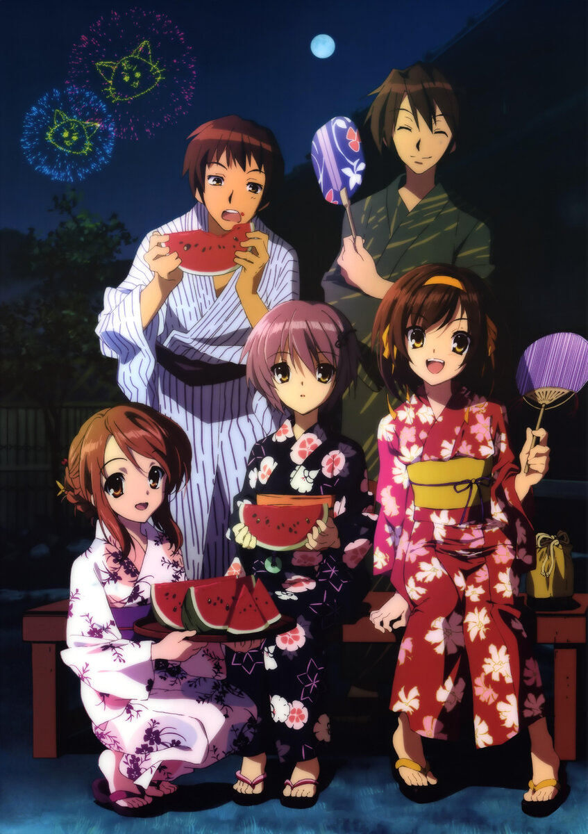 Главные герои. В заднем ряду: Кён, Ицки Коидзуми. В переднем ряду: Микуру Асахина-тян, Юки Нагато, Харухи Судзумии. Источник: zerochan.net.