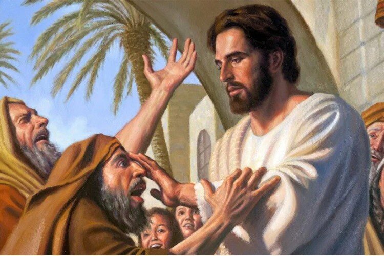 Слепой подошёл к Иисусу и попросил его сделать так, чтобы он прозрел. Иисус спросил его - Верует ли он, что Я смогу это сделать? Слепой ответил, что считает его Всемогущим Господом, способным на это. Тогда Иисус просто коснулся глаз слепого и сказал - по Вере твоей да будет тебе. И открылись глаза слепого и он стал видеть.