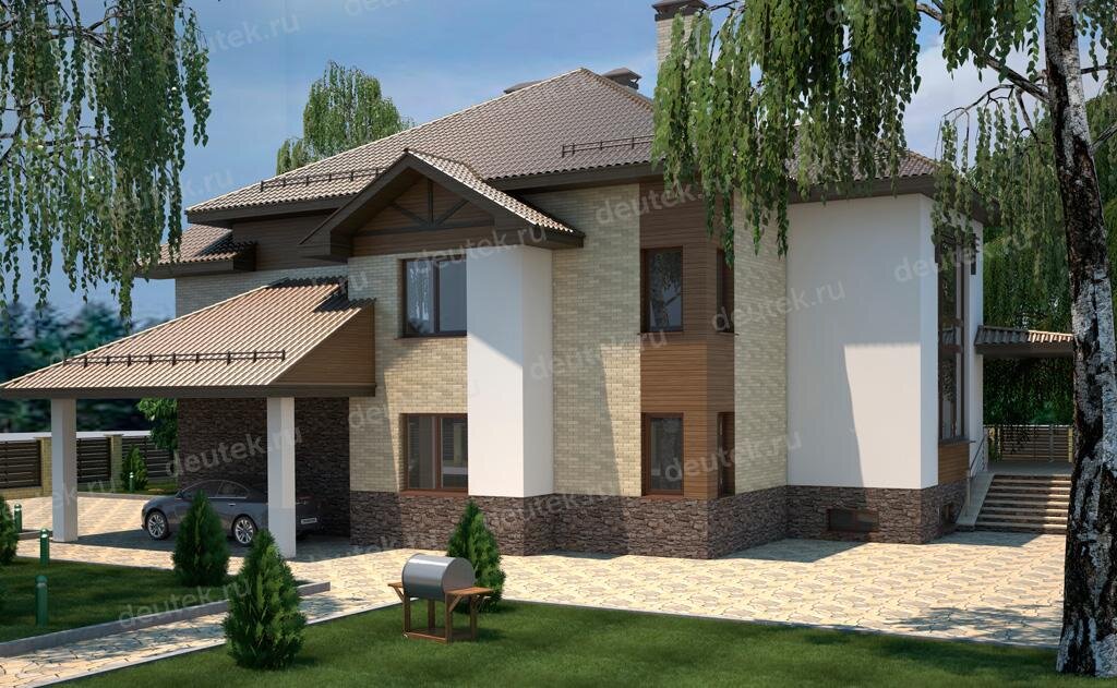 Проект дома 455 м2 с мансардой, цокольным этажом, гаражом и террасой - DT0322