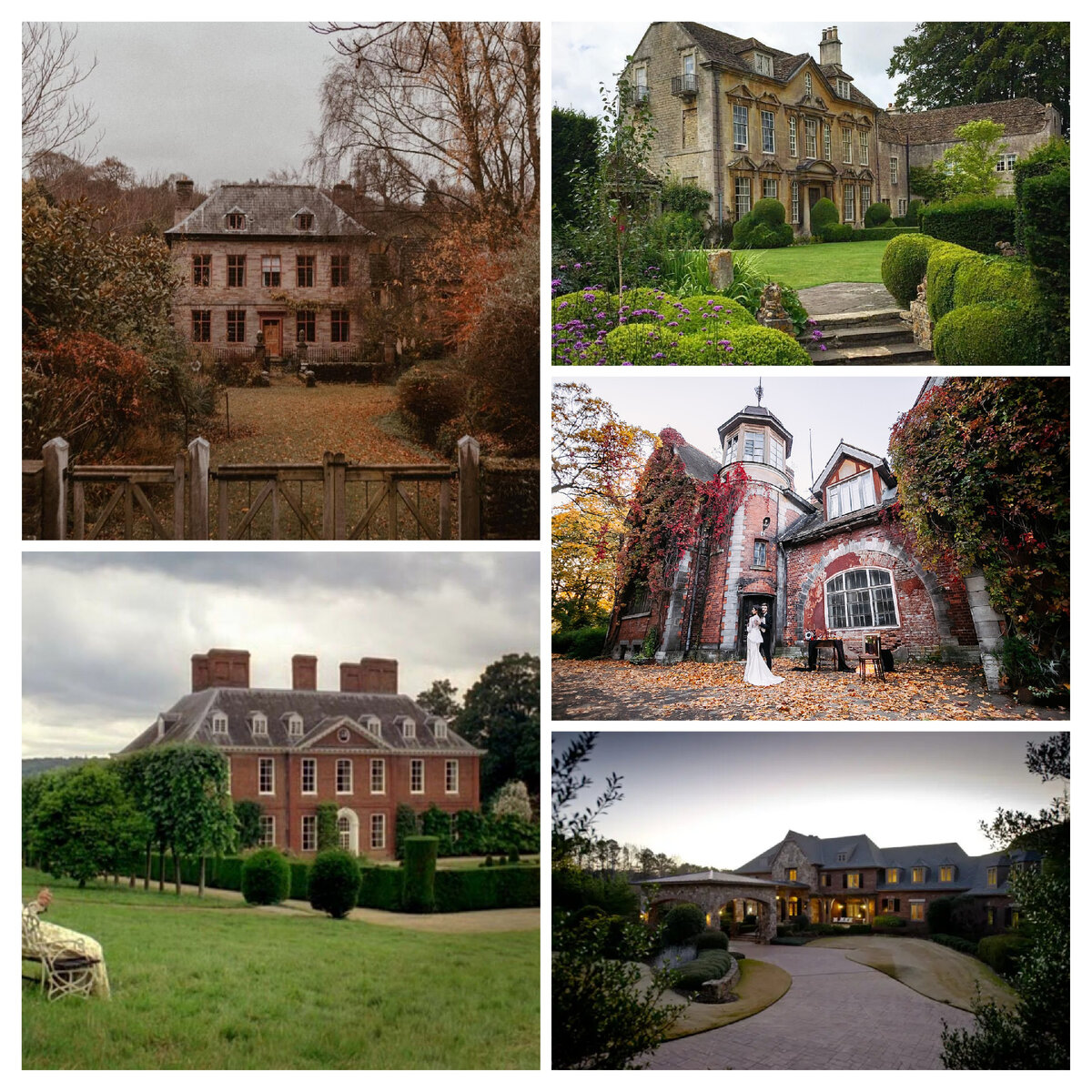 Фотографии загородных английских поместий, возможно один из них похож на "Зеленые дубы", где происходит действие книги "Незваная гостья" (снимки для коллажа взяты из открытых источников в интернете) 